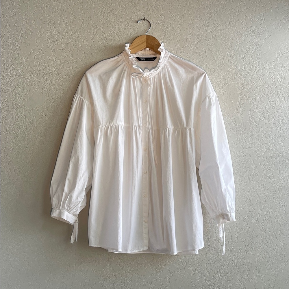 Zara White Poetic Poplin Button-Up Blouse